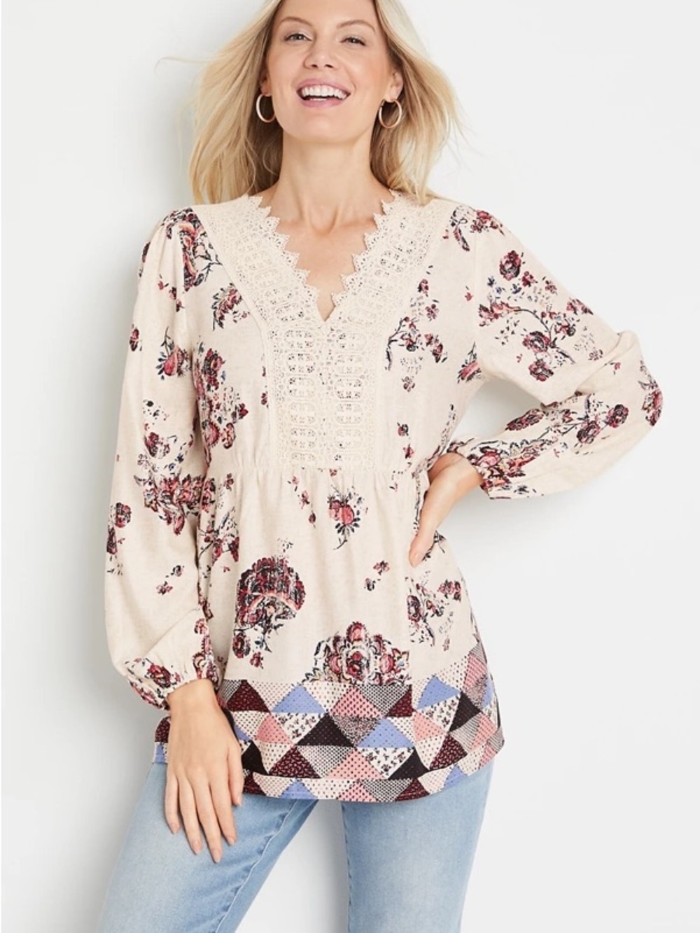 Boho Crochet V-Neck Floral Tunic Top - Cream